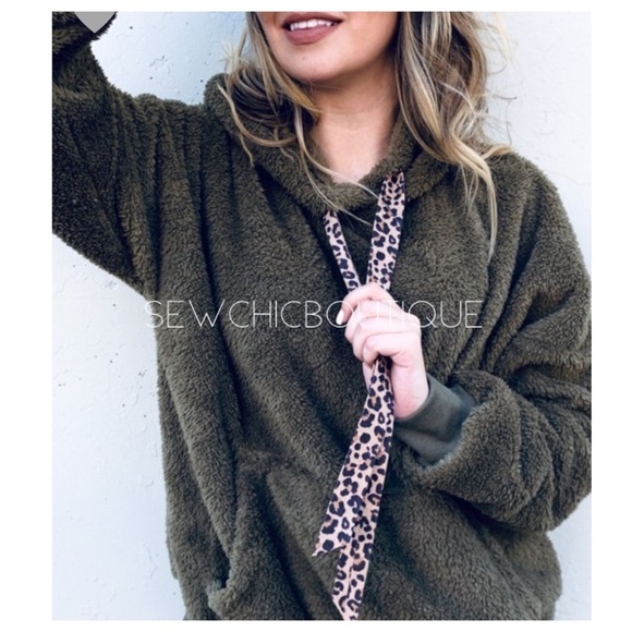 sewchicboutique Tops - Cozy Olive Fur Hoodie W/ Leopard Straps